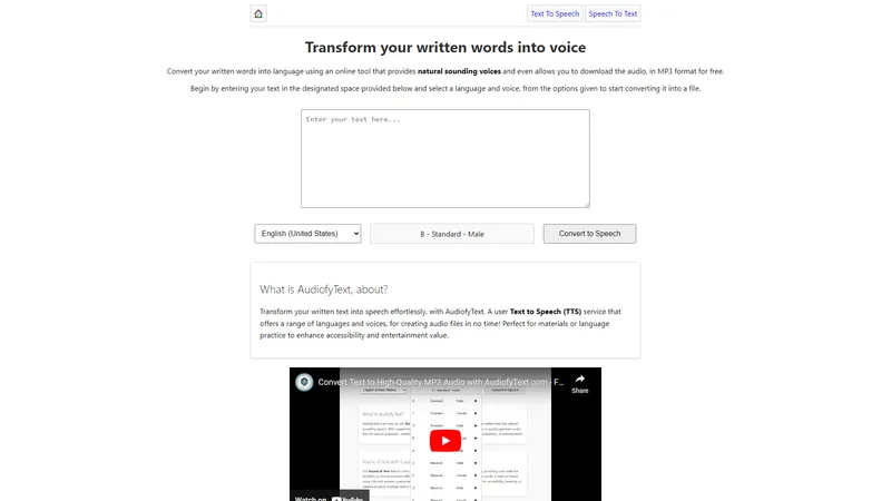 AudiofyText - Transforme texto em voz com qualidade profissional em mais de 36 idiomas.