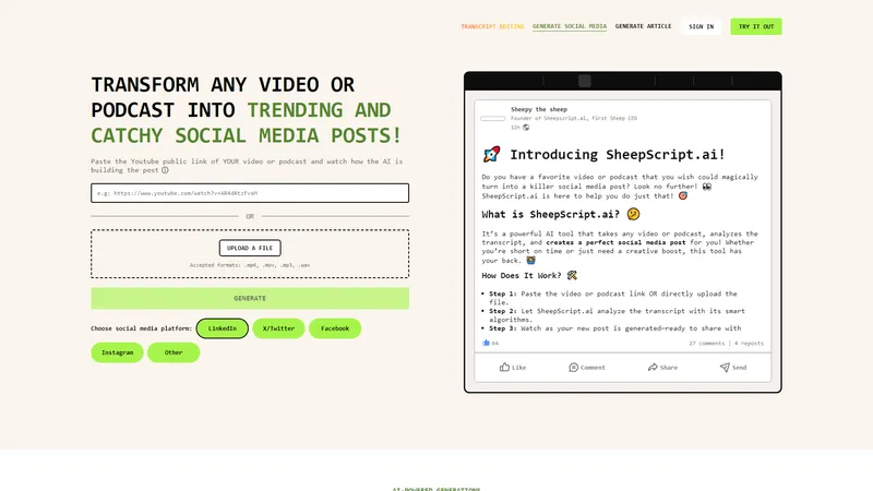 Sheepscript.ai - Transformez vos vidéos et podcasts en publications sociales percutantes